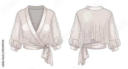 Contemporary women's sheer wrap blouse design featuring voluminous sleeves and delicate speckles