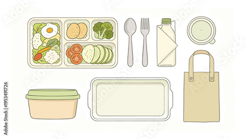 Diverse set elements for a healthy food and beverage collection, featuring neatly packed meals, reusable containers, cutlery, and essential dining accessories