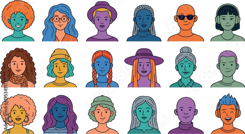 Diverse Colorful Human Avatar Portrait Illustration Set for User Profile Social Media and Inclusive Community Design Use