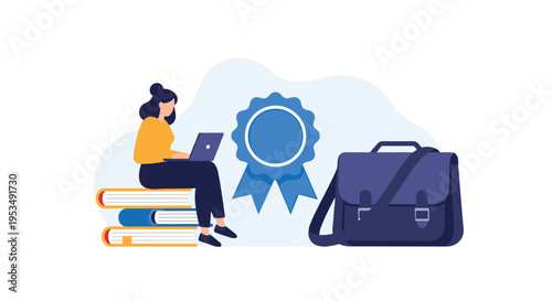 Professional certification and online education concept with a woman working on a laptop while sitting on a stack of books.