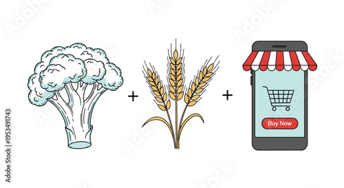 Online grocery shopping for fresh produce and grains showing cauliflower and wheat next to a mobile storefront application.