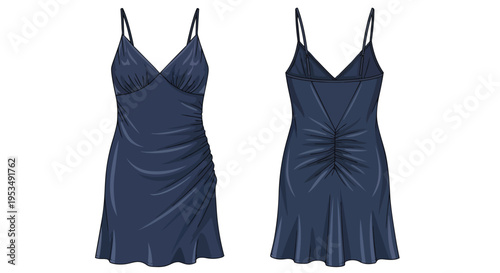 Chic navy blue slip dress design, flat technical drawing showing front and back. Features delicate spaghetti straps, V-neck, and elegant ruching for