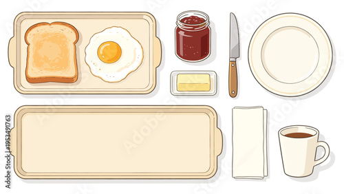 A delightful morning spread Set elements featuring various food and beverage items like toast, egg, butter, jam, and coffee, beautifully arranged for a vibrant breakfast collection