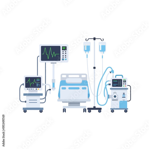 Intensive care unit ICU medical equipment flat vector illustration