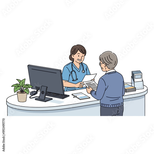 Nurse consulting with senior patient at clinic reception illustration