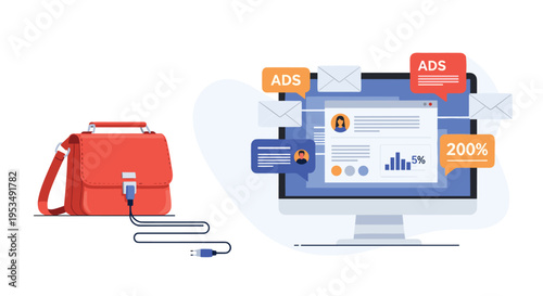 Digital marketing and business productivity tools showing a professional briefcase connected to a computer screen with ads.