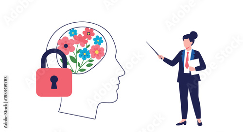 Mental health awareness and psychological privacy concept showing a head silhouette with flowers and a security lock icon.