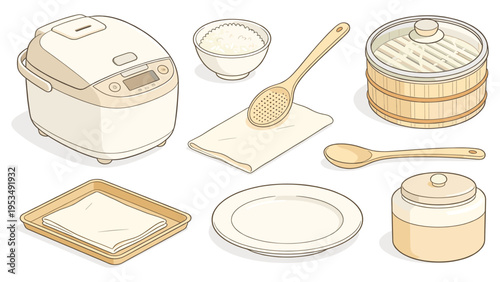 An illustrative collection showcasing essential kitchen elements for rice preparation and serving, featuring various cooking tools and ingredients, forming a comprehensive food setup