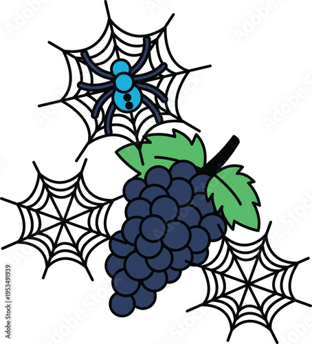 Spider weaves intricate webs around a cluster of grapes
