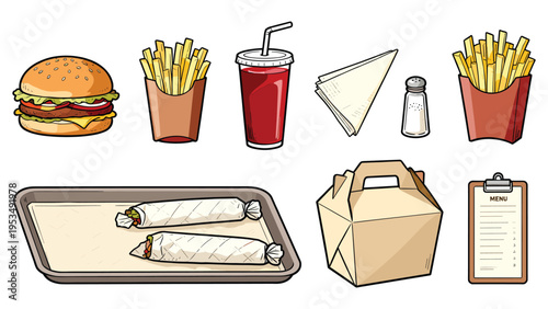 A complete set elements various food and beverage collection, including a burger, fries, soda, wraps, and takeaway box, for fast meal options