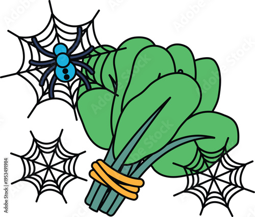 Spider webs hang near leafy branches