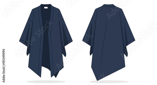 Minimalist dark blue open front loose-fit jacket vector illustration showcasing contemporary fashion apparel design with wide sleeves and elegant