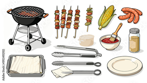 A vibrant vector collection of diverse barbecue essentials, featuring grilled meats, fresh vegetables, cooking tools, and sauces, ideal for summer gatherings