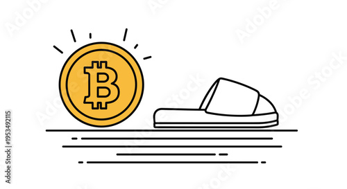 Buying footwear with cryptocurrency concept featuring a golden bitcoin coin next to a simple slipper on a minimalist background.