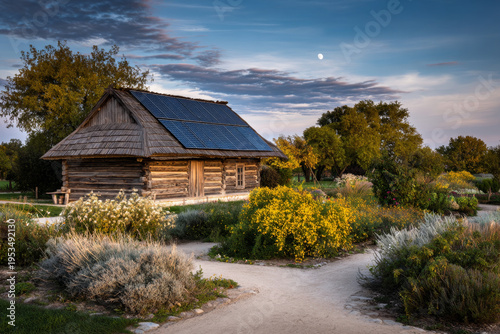 Rustic Slavic izba with solar panels and holographic security arrays, surrounded by a vibrant garden in early morning light, showcasing traditional architecture and modern technology
