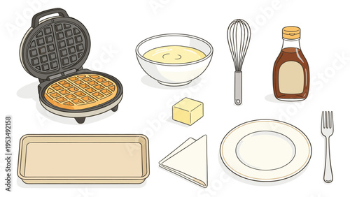 Comprehensive set of various food and beverage elements, featuring a waffle maker, fresh batter, syrup, butter, and utensils for a homemade breakfast
