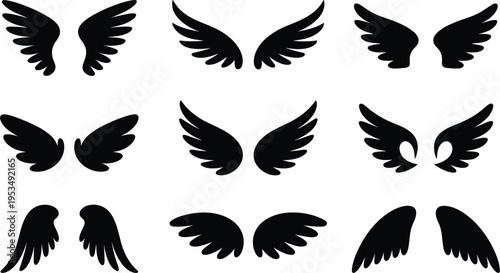 Angel wings silhouettes set, flying feather wing shapes collection for fantasy decorative design vector