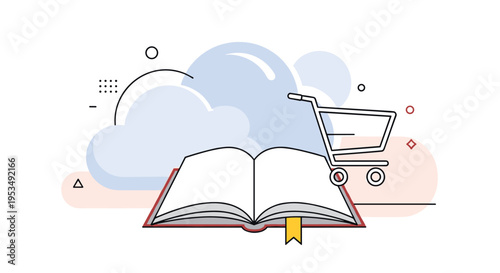 Online bookstore and digital educational resources concept showing an open book under a cloud with a mobile shopping cart.