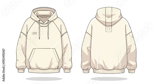 Minimalist oversized hoodie technical flat fashion drawing showcasing cream streetwear garment design front and back views contemporary apparel