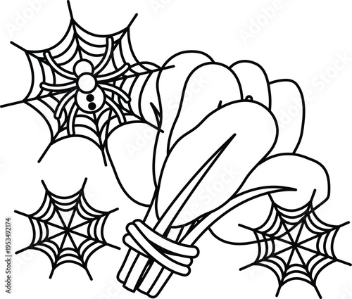 Spider webs hang near leafy branches