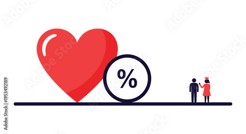 Dating services and relationship statistics concept showing a large red heart next to a percent symbol and a couple icon.