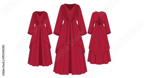 Exquisite ensemble of three distinct rich crimson robes showcasing flowing lines and intricate draping a meticulously crafted fashion design on a