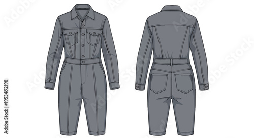 This clear vector technical drawing illustrates a versatile grey utility jumpsuit, displaying both its front and back garment views for fashion