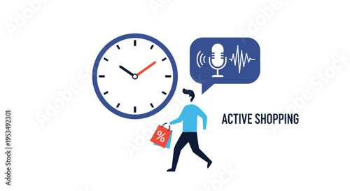 Time-efficient active shopping using voice assistant technology featuring a man walking with a bag next to a clock and mic.