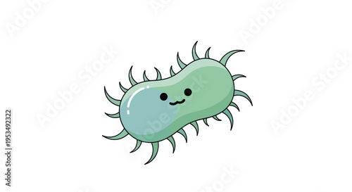 Smiling cartoon bacteria with flagella.