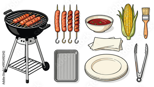 A colorful collection of outdoor barbecue essentials, featuring a grill with sizzling sausages, fresh corn, savory sauce, plates, and various cooking tools for a summer cookout