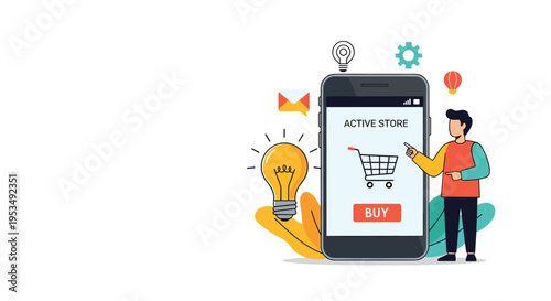 Innovative mobile commerce solutions and smart retail store concept featuring a smartphone with a man and a bright lightbulb.
