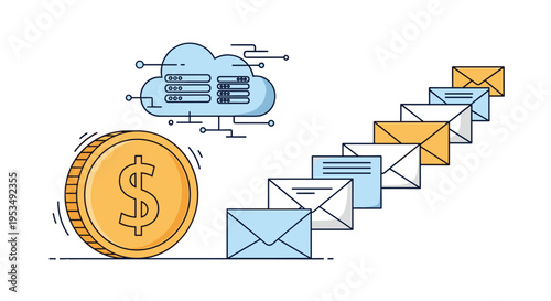 Cost-effective email marketing and server hosting services showing a dollar coin next to a cloud and a line of envelopes.