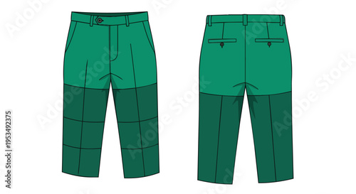 Illustrative vector rendering of a two-tone hunter green technical pant, showcasing distinct front and rear views, ideal for professional outdoor