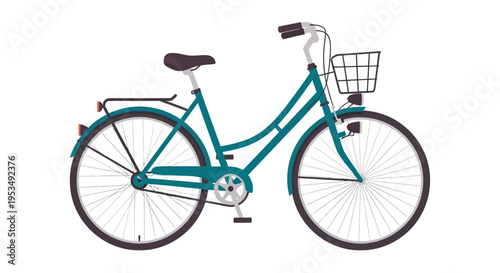 Teal colored bicycle with basket.