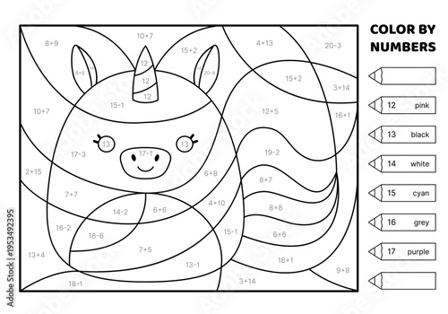 Solve the problem, color the picture. Kawaii unicorn. Black and white. Coloring book. Addition, Subtraction. Coloring book. Isolated vector illustration eps 10