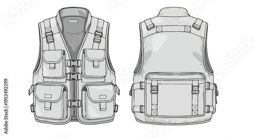 Technical flat sketch of a versatile utility vest front and back views displaying numerous functional pockets and adjustable straps designed for
