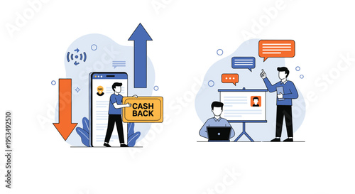 Financial rewards programs and business marketing strategy showing a man with a cashback sign and a professional presentation.