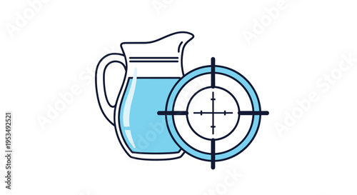 Precision hydration or water quality targeting and testing concept showing a glass water jug next to a crosshair target icon.