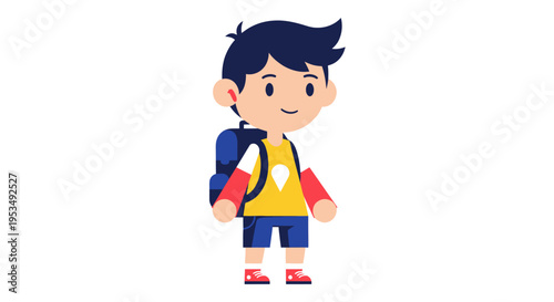 Cartoon boy with backpack smiling.