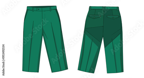 Crisp emerald green men's trousers presented with detailed front and back views for fashion design and apparel illustration purposes stylish
