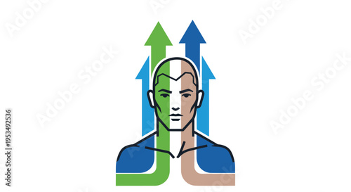 Man face with arrows growing up.