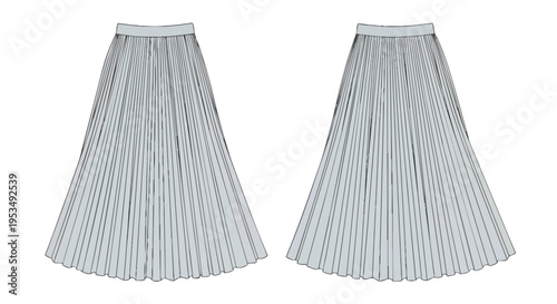 An illustrative representation of a graceful long pleated skirt, meticulously rendered as a technical fashion flat for contemporary apparel