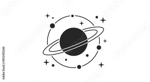 Black Planet with Ring System Icon.