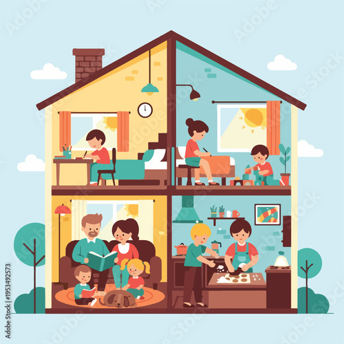 A cartoon house with family members in different rooms