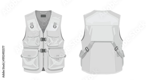 A versatile light grey utility vest, front and back views, with many pockets, adjustable buckles and straps, ideal for fishing, photography and