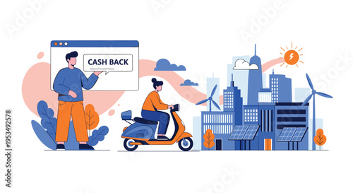 Man showing cashback offer on screen while woman rides electric scooter through sustainable city with renewable energy.