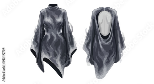 Dark abstract fluid garment with a high collar and open back. This distinctive piece showcases modern fashion aesthetics with its unique silhouette