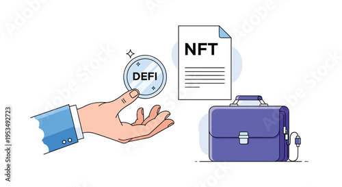 Human hand holding a DeFi coin next to an NFT document and a professional purple briefcase symbolizing digital asset trading.