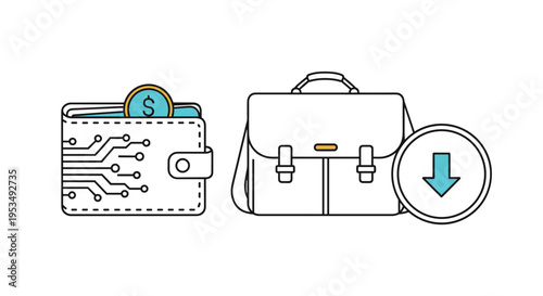 Digital wallet with circuit board pattern and a briefcase with a download arrow icon representing financial data transfer.