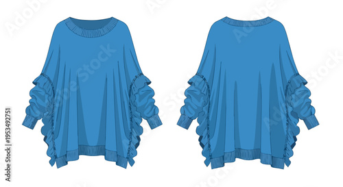 Fashionable blue ruffled sleeve oversized sweater detailed front and back views showcasing a comfortable yet stylish garment for contemporary